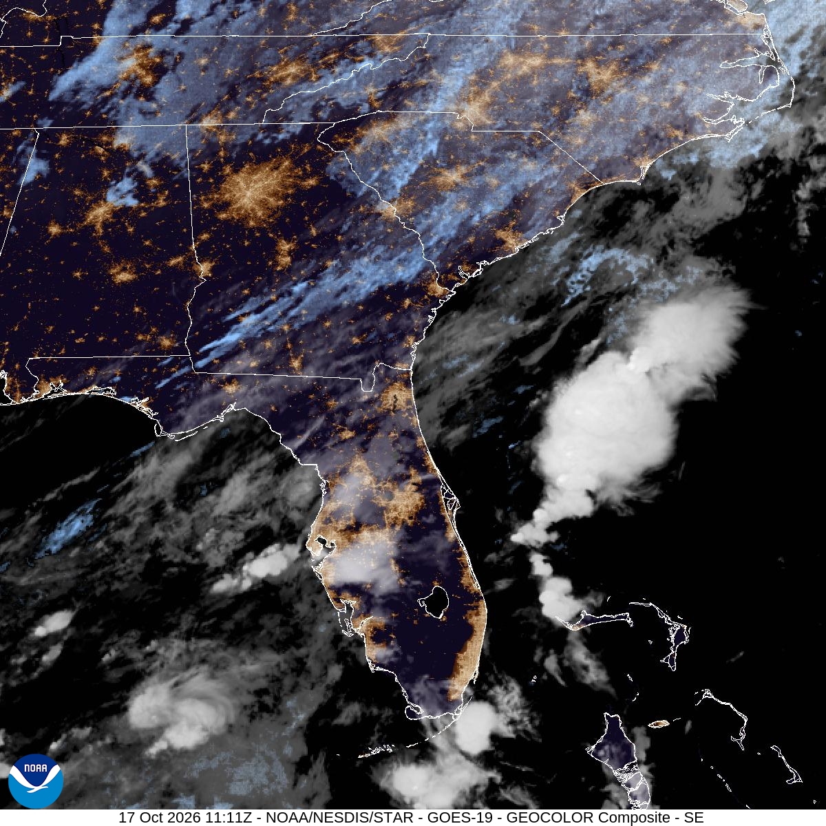 Southeast GeoColor satellite at Oct 17, 2026 · 7:11 AM EDT; open full-size image for map and legend
