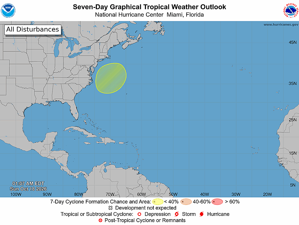 NHC Atlantic seven-day outlook; issuance timestamp and probability legend embedded in graphic