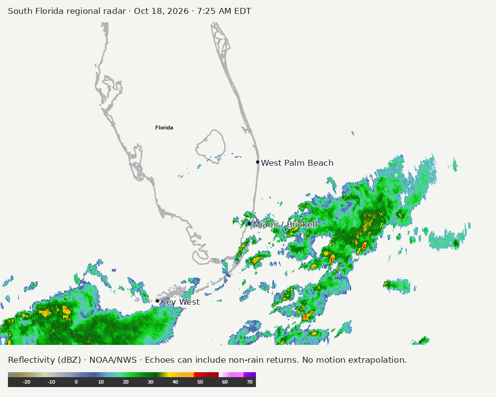 Regional South Florida radar at Oct 18, 2026 · 7:25 AM EDT; open full-size image for map and legend