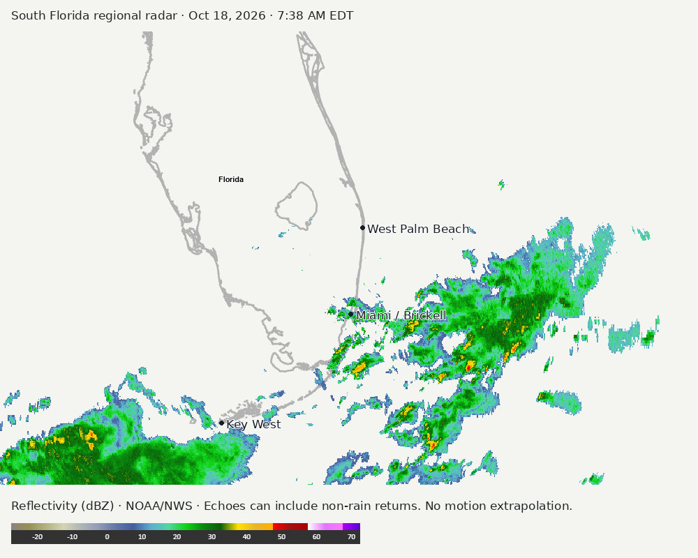 Regional South Florida radar at Oct 18, 2026 · 7:38 AM EDT; open full-size image for map and legend