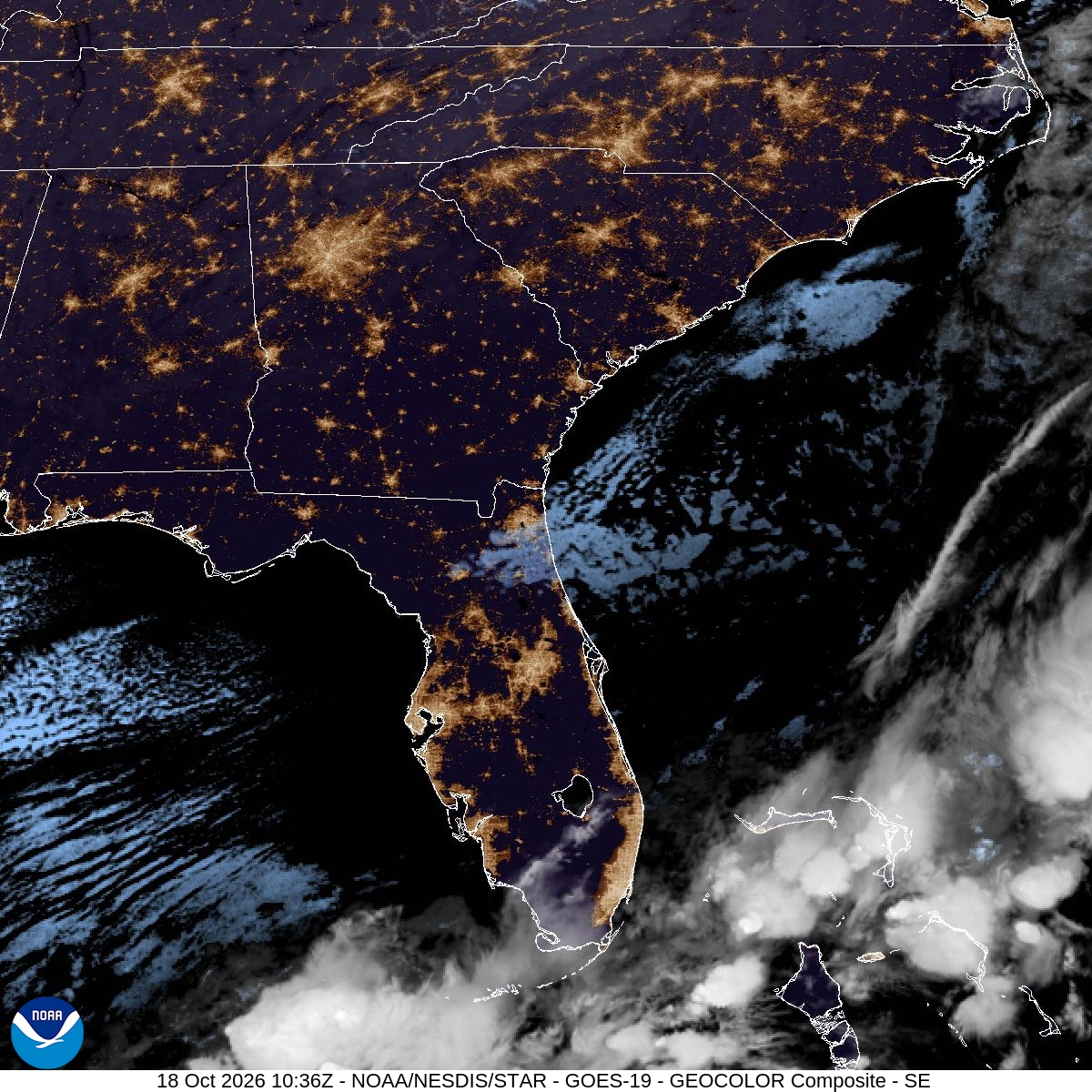 Southeast GeoColor satellite at Oct 18, 2026 · 6:36 AM EDT; open full-size image for map and legend