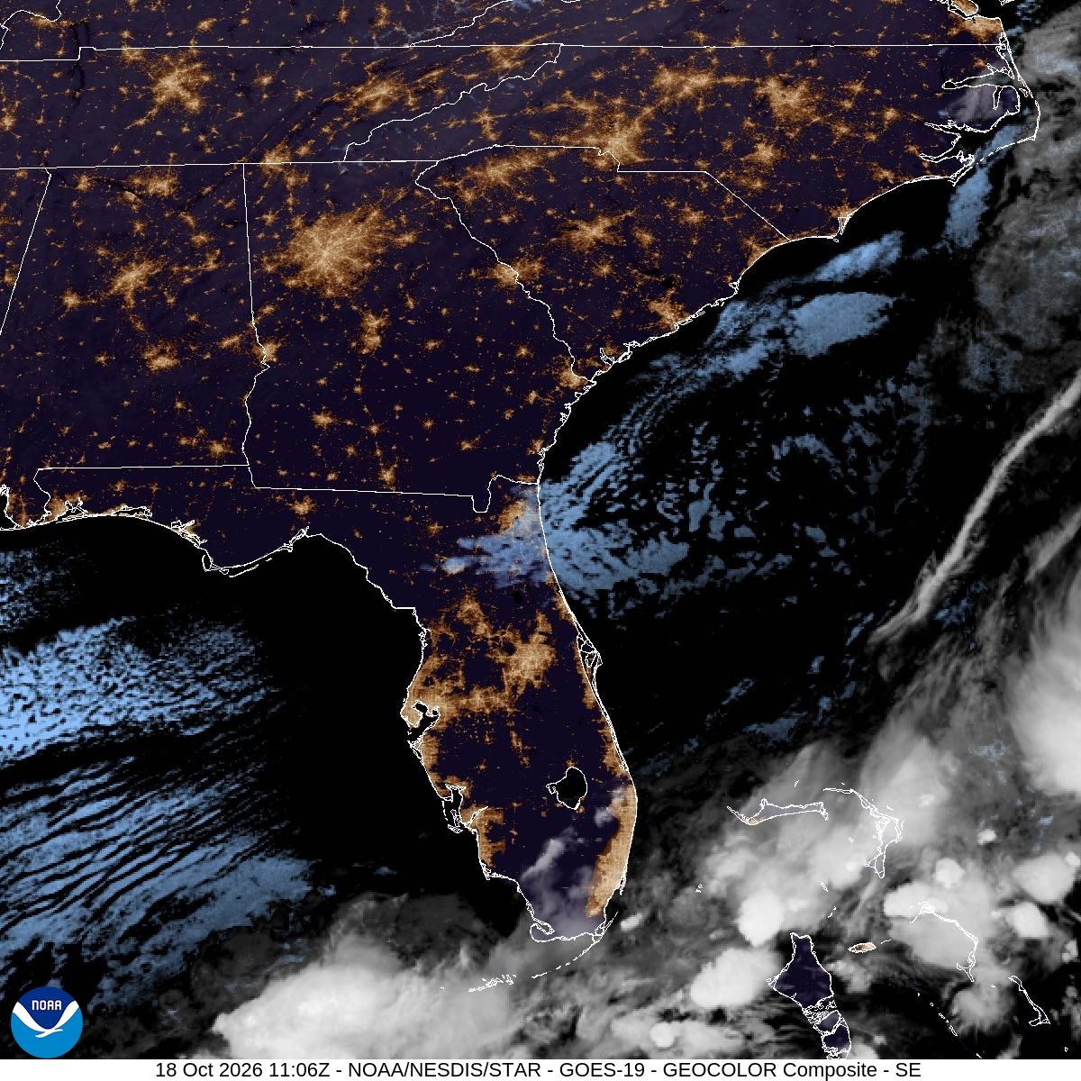 Southeast GeoColor satellite at Oct 18, 2026 · 7:06 AM EDT; open full-size image for map and legend