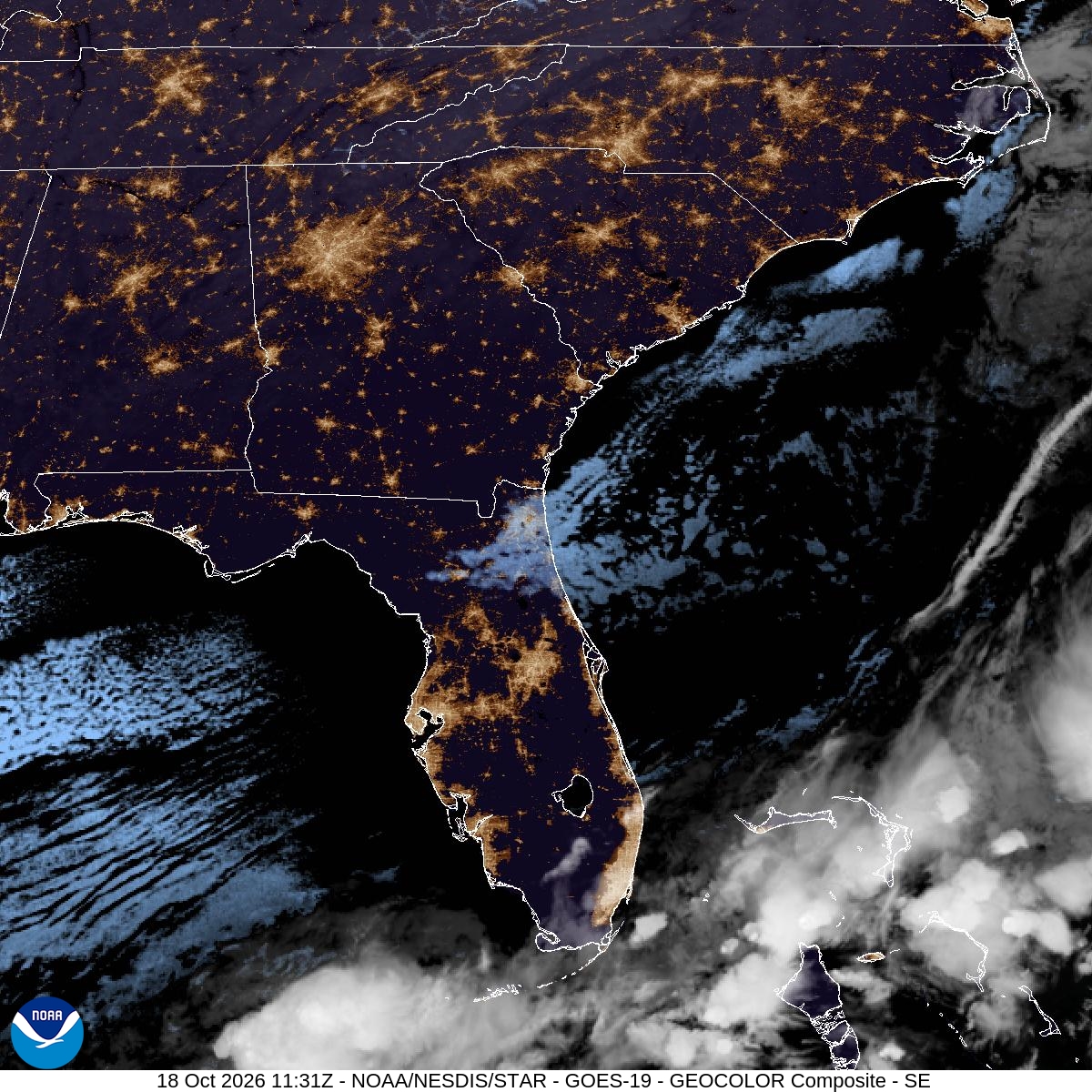 Southeast GeoColor satellite at Oct 18, 2026 · 7:31 AM EDT; open full-size image for map and legend