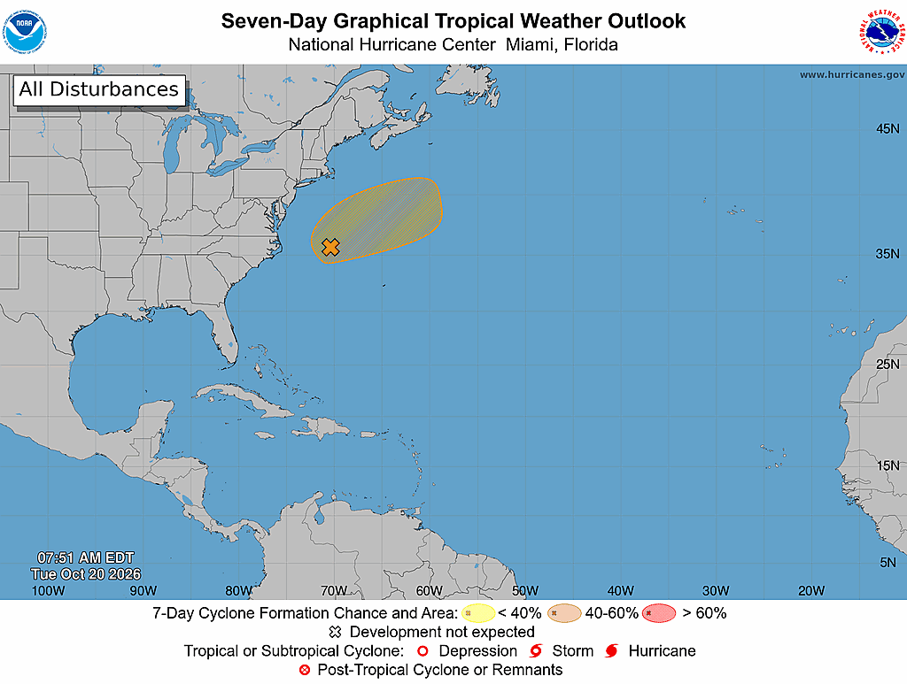 NHC Atlantic seven-day outlook; issuance timestamp and probability legend embedded in graphic