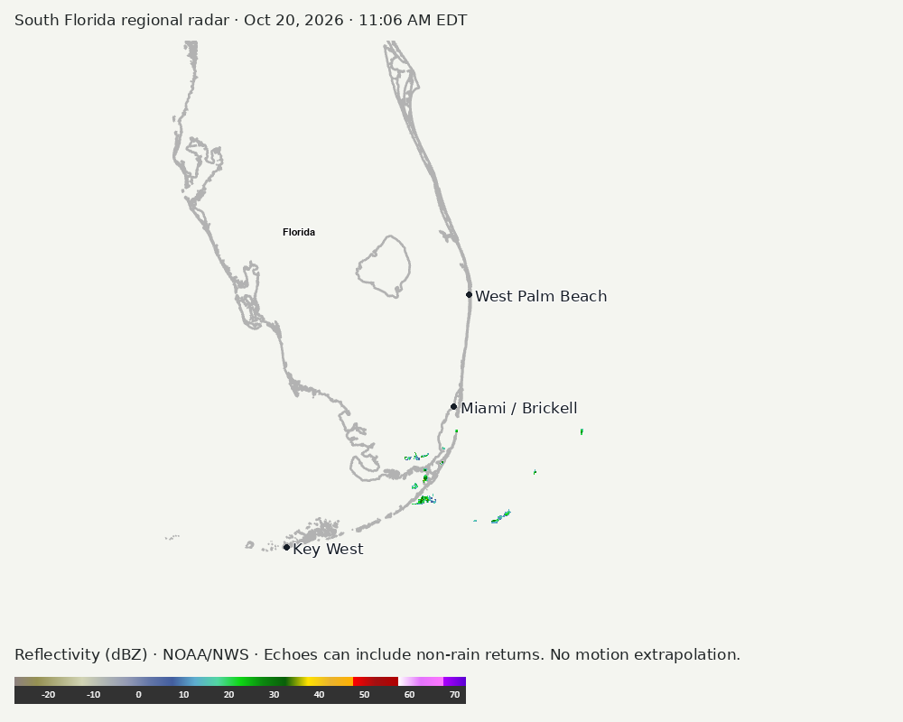 Regional South Florida radar at Oct 20, 2026 · 11:06 AM EDT; open full-size image for map and legend