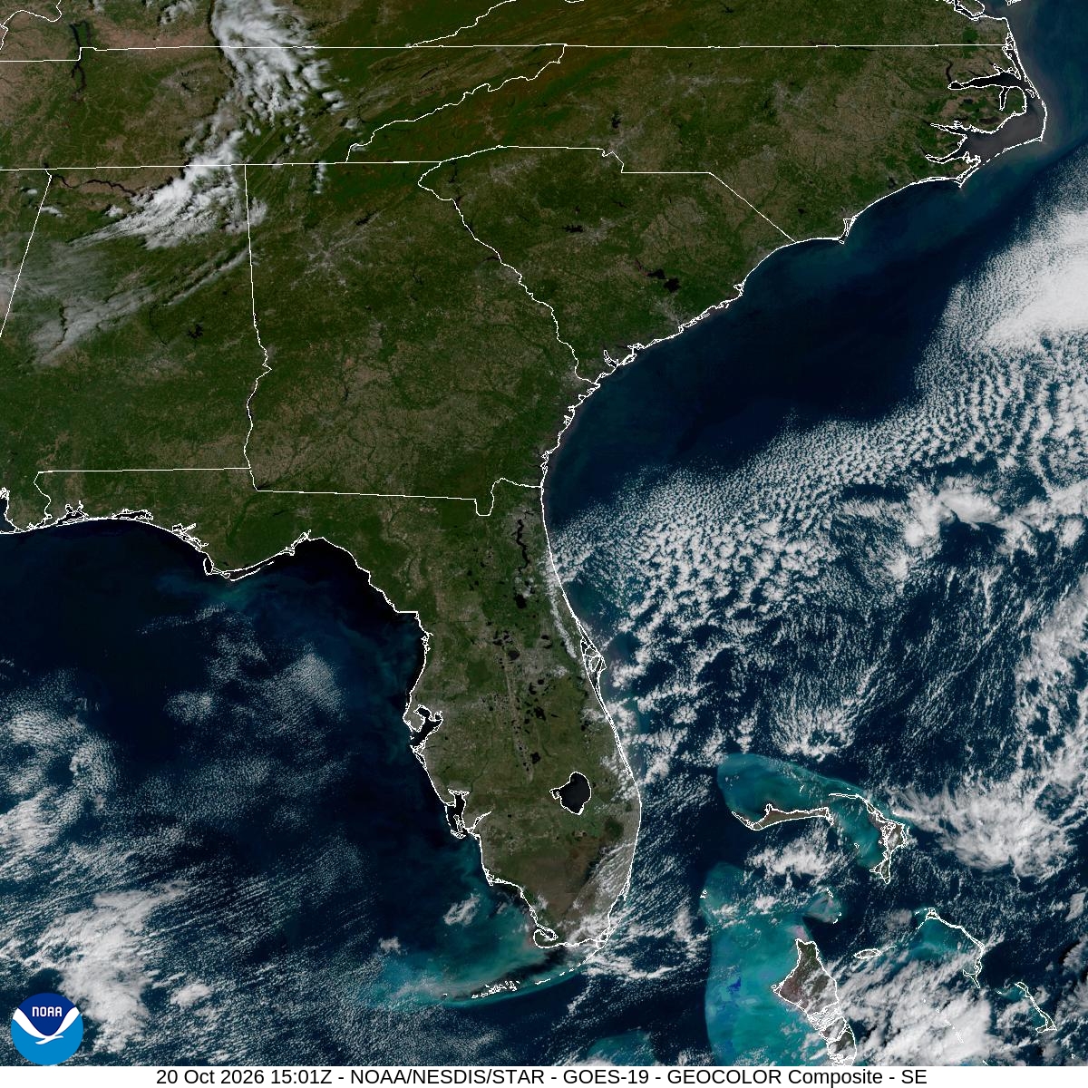 Southeast GeoColor satellite at Oct 20, 2026 · 11:01 AM EDT; open full-size image for map and legend