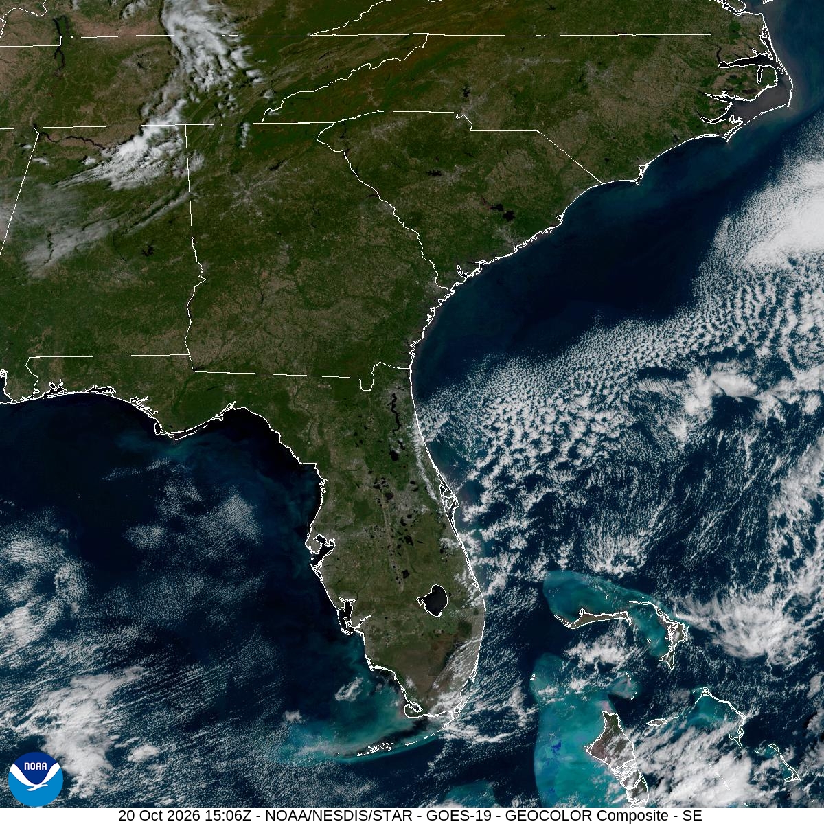 Southeast GeoColor satellite at Oct 20, 2026 · 11:06 AM EDT; open full-size image for map and legend