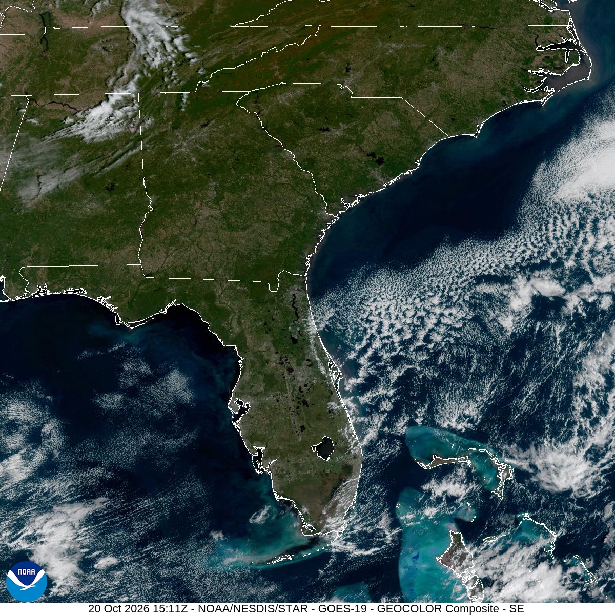 Southeast GeoColor satellite at Oct 20, 2026 · 11:11 AM EDT; open full-size image for map and legend