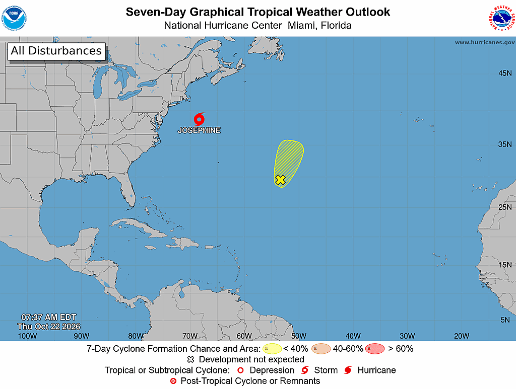 NHC Atlantic seven-day outlook; issuance timestamp and probability legend embedded in graphic