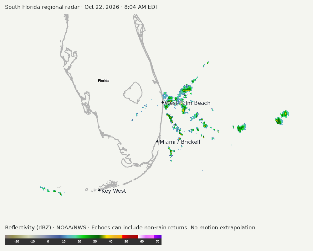 Regional South Florida radar at Oct 22, 2026 · 8:04 AM EDT; open full-size image for map and legend