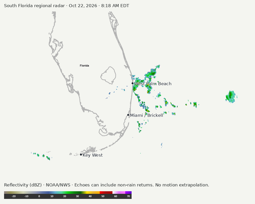 Regional South Florida radar at Oct 22, 2026 · 8:18 AM EDT; open full-size image for map and legend