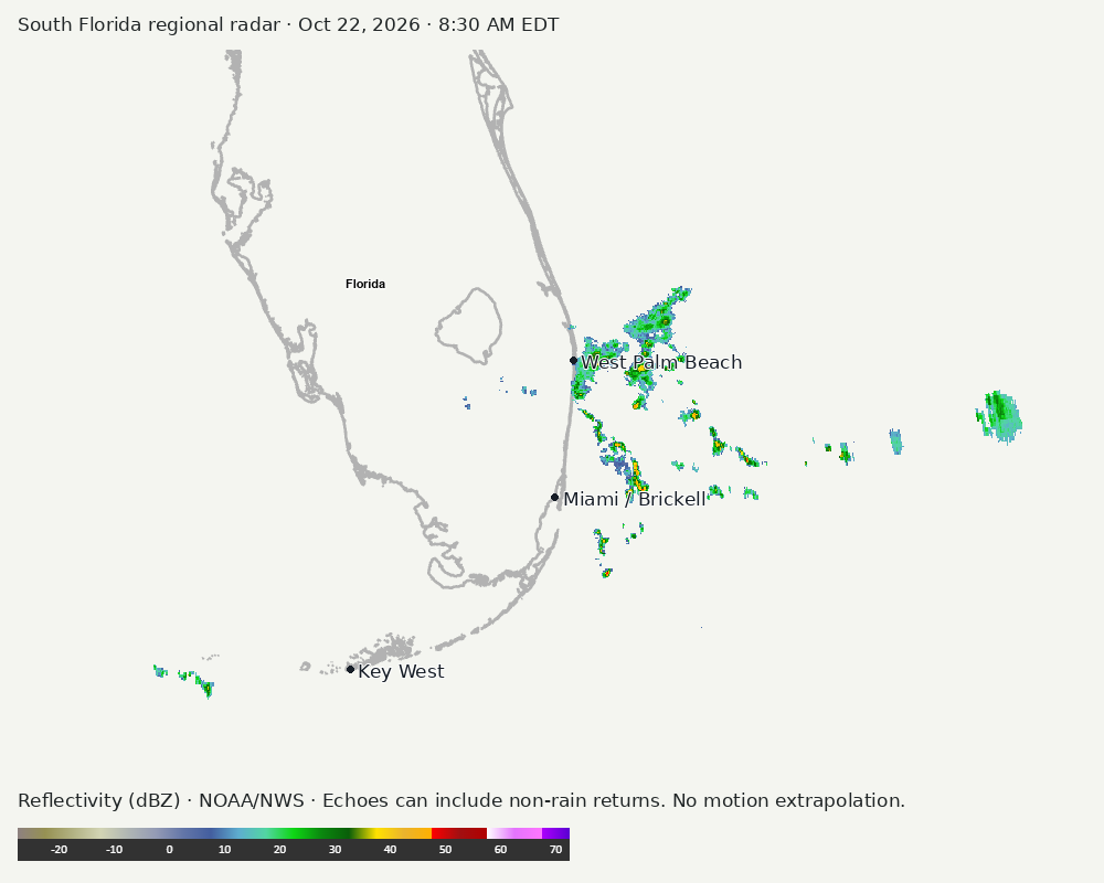 Regional South Florida radar at Oct 22, 2026 · 8:30 AM EDT; open full-size image for map and legend