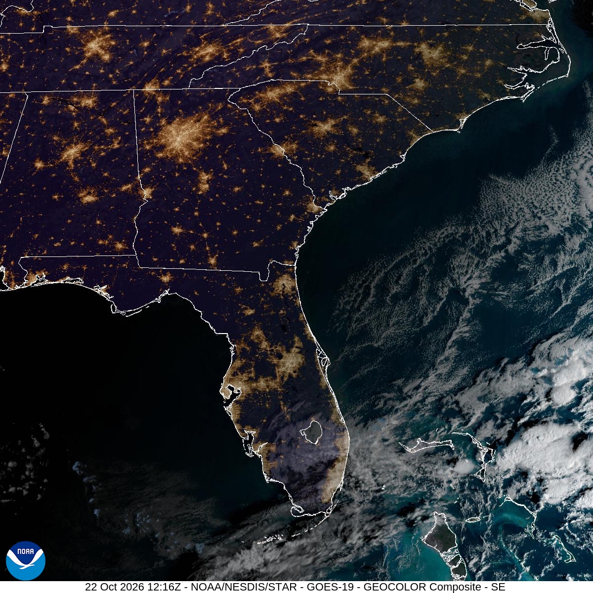 Southeast GeoColor satellite at Oct 22, 2026 · 8:16 AM EDT; open full-size image for map and legend