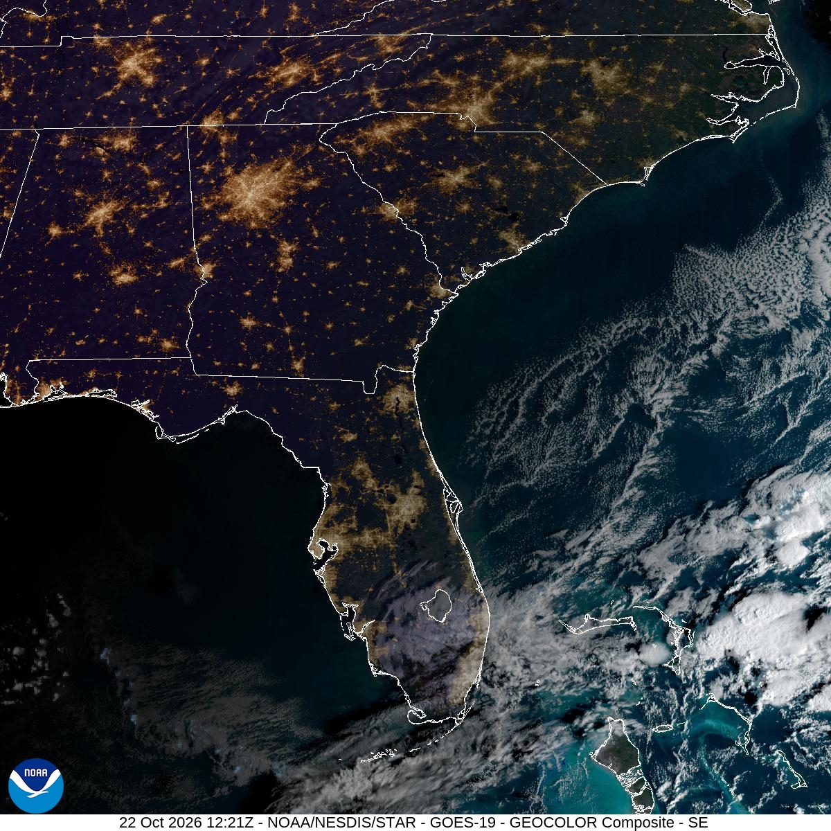 Southeast GeoColor satellite at Oct 22, 2026 · 8:21 AM EDT; open full-size image for map and legend