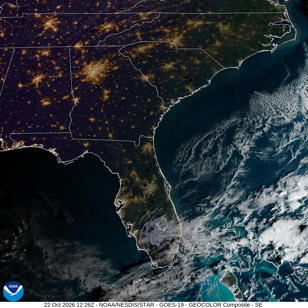 Southeast GeoColor satellite at Oct 22, 2026 · 8:26 AM EDT; open full-size image for map and legend
