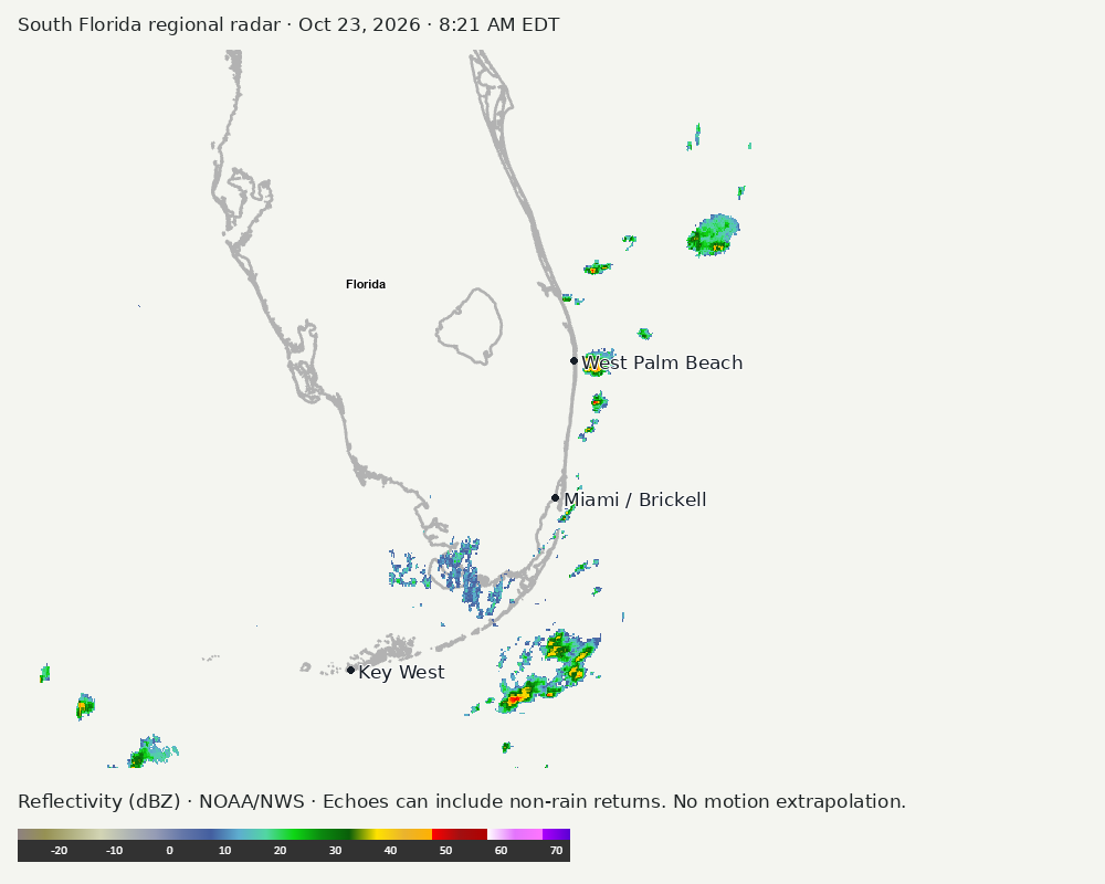 Regional South Florida radar at Oct 23, 2026 · 8:21 AM EDT; open full-size image for map and legend