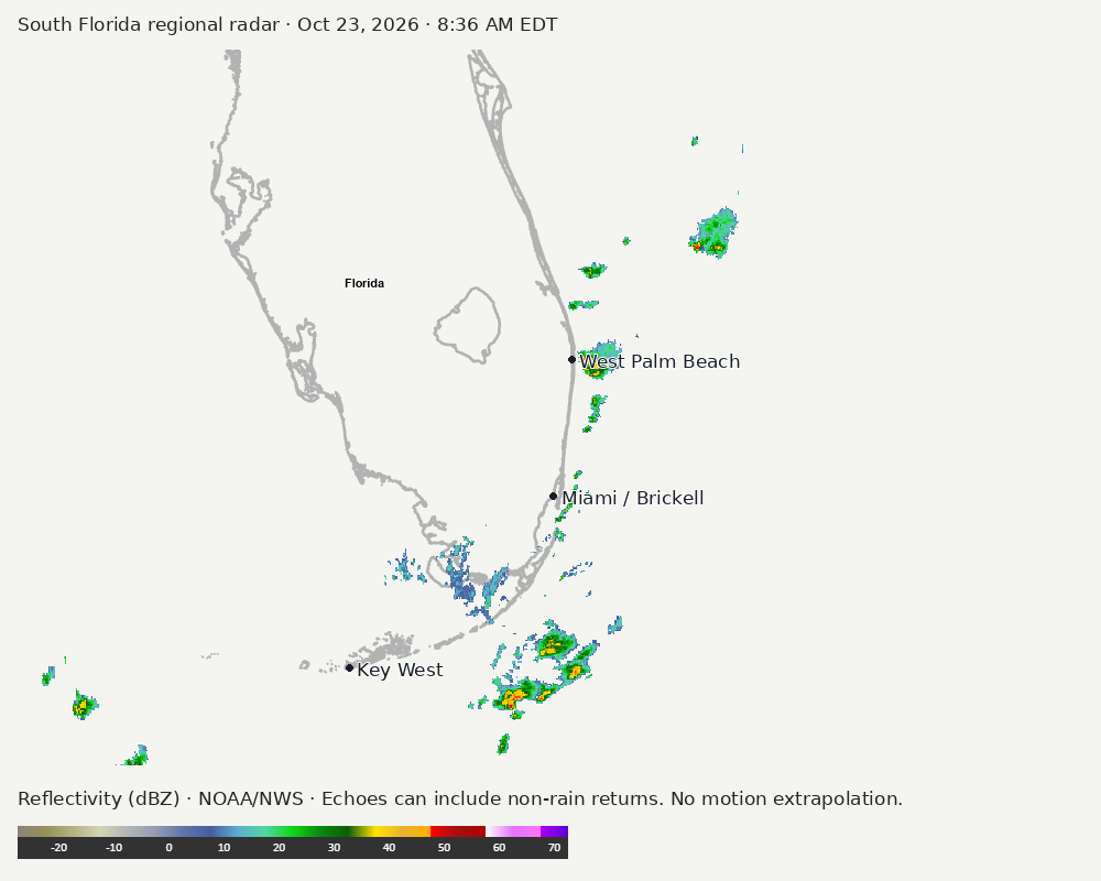 Regional South Florida radar at Oct 23, 2026 · 8:36 AM EDT; open full-size image for map and legend