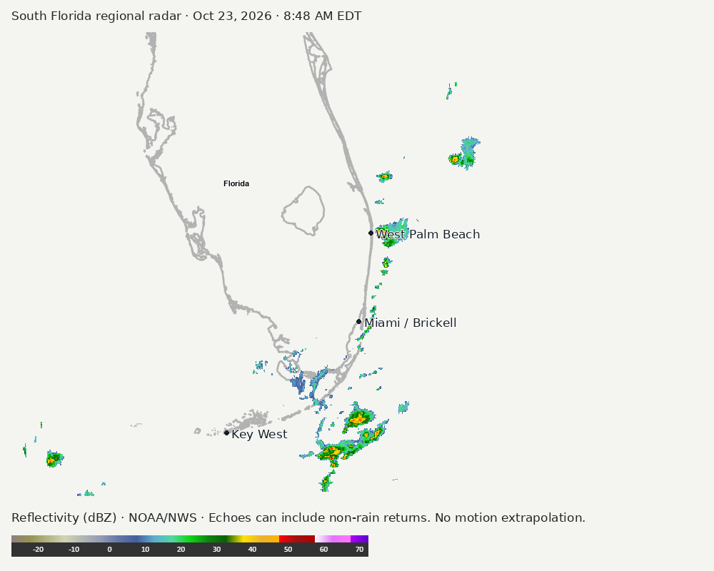 Regional South Florida radar at Oct 23, 2026 · 8:48 AM EDT; open full-size image for map and legend