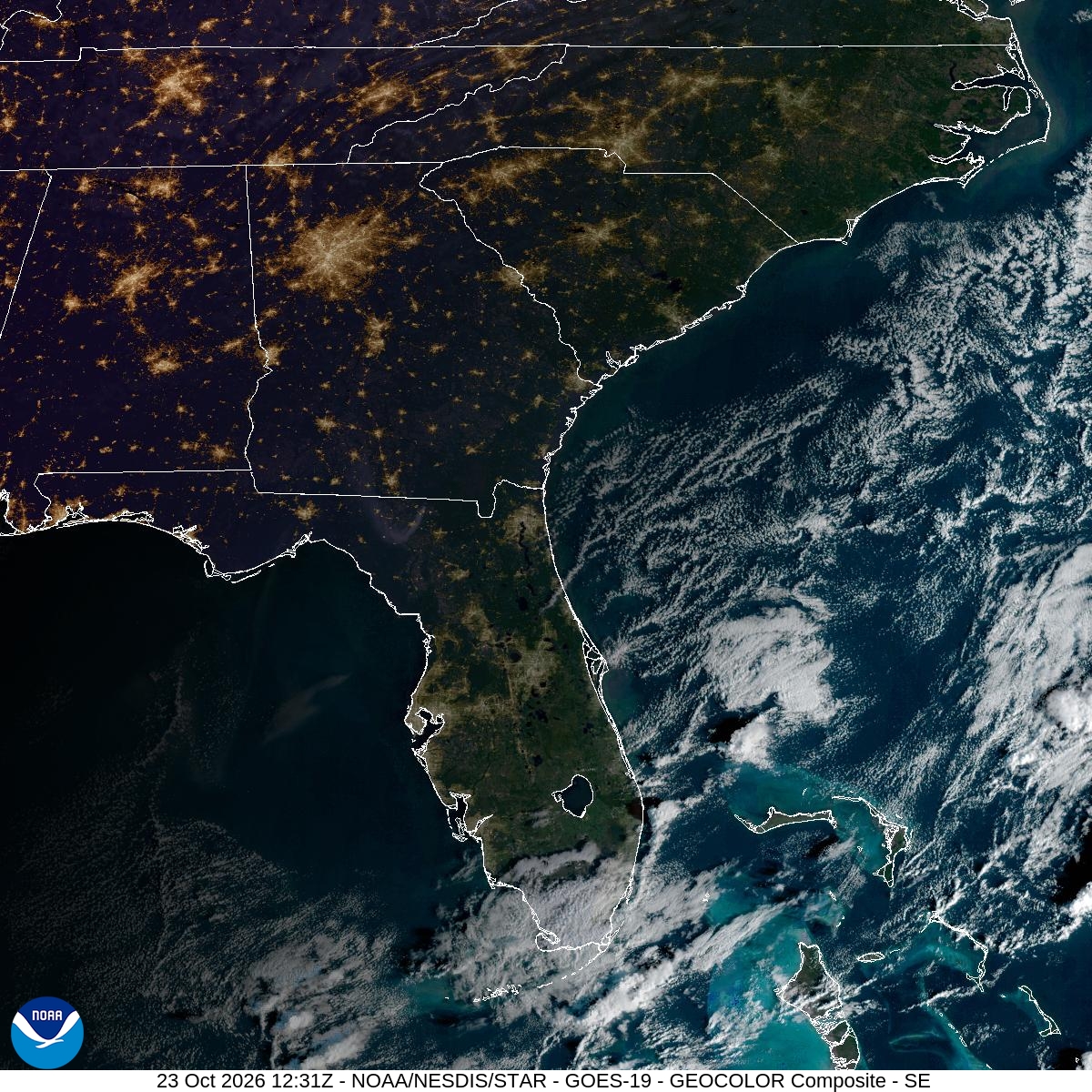 Southeast GeoColor satellite at Oct 23, 2026 · 8:31 AM EDT; open full-size image for map and legend
