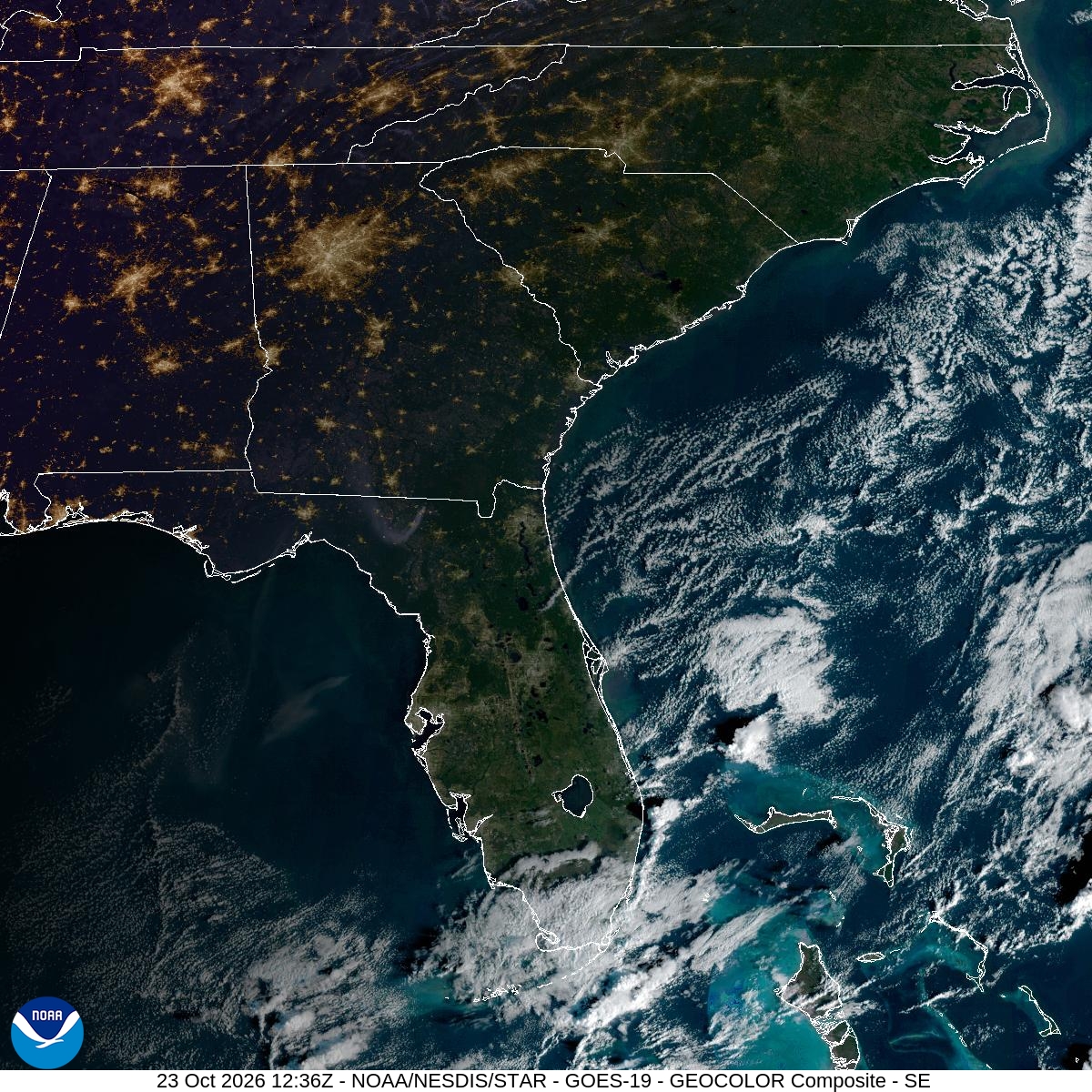 Southeast GeoColor satellite at Oct 23, 2026 · 8:36 AM EDT; open full-size image for map and legend