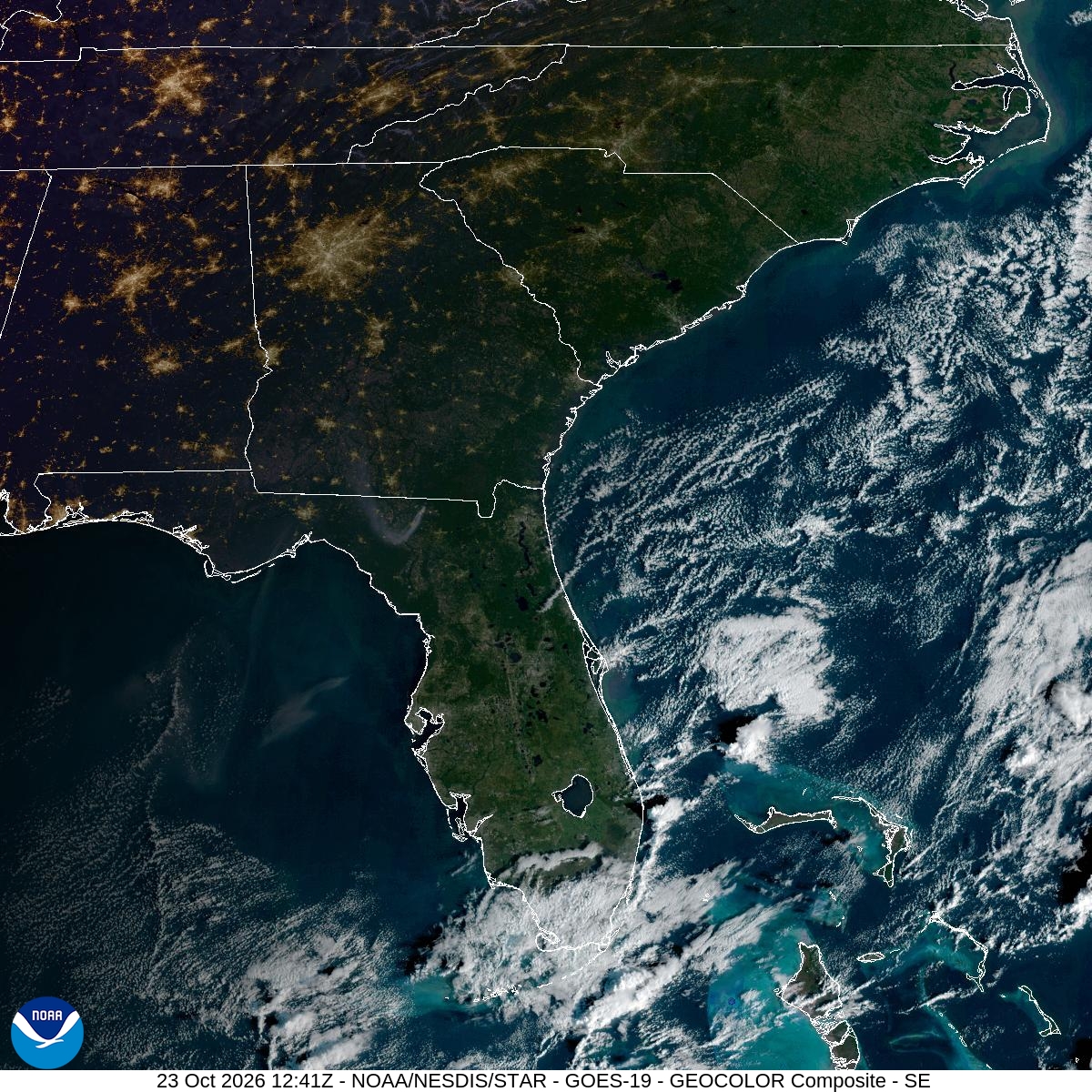 Southeast GeoColor satellite at Oct 23, 2026 · 8:41 AM EDT; open full-size image for map and legend