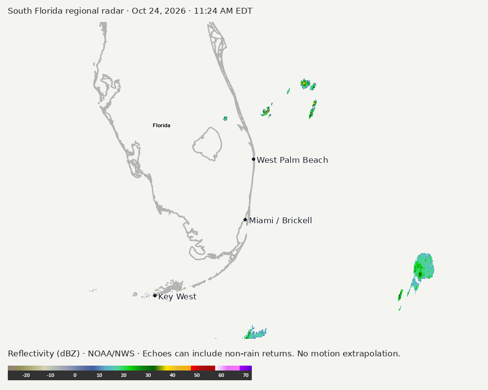 Regional South Florida radar at Oct 24, 2026 · 11:24 AM EDT; open full-size image for map and legend