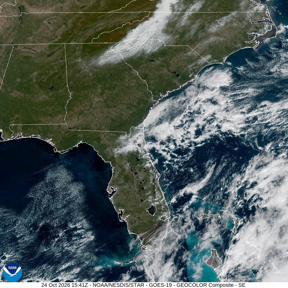 Southeast GeoColor satellite at Oct 24, 2026 · 11:41 AM EDT; open full-size image for map and legend