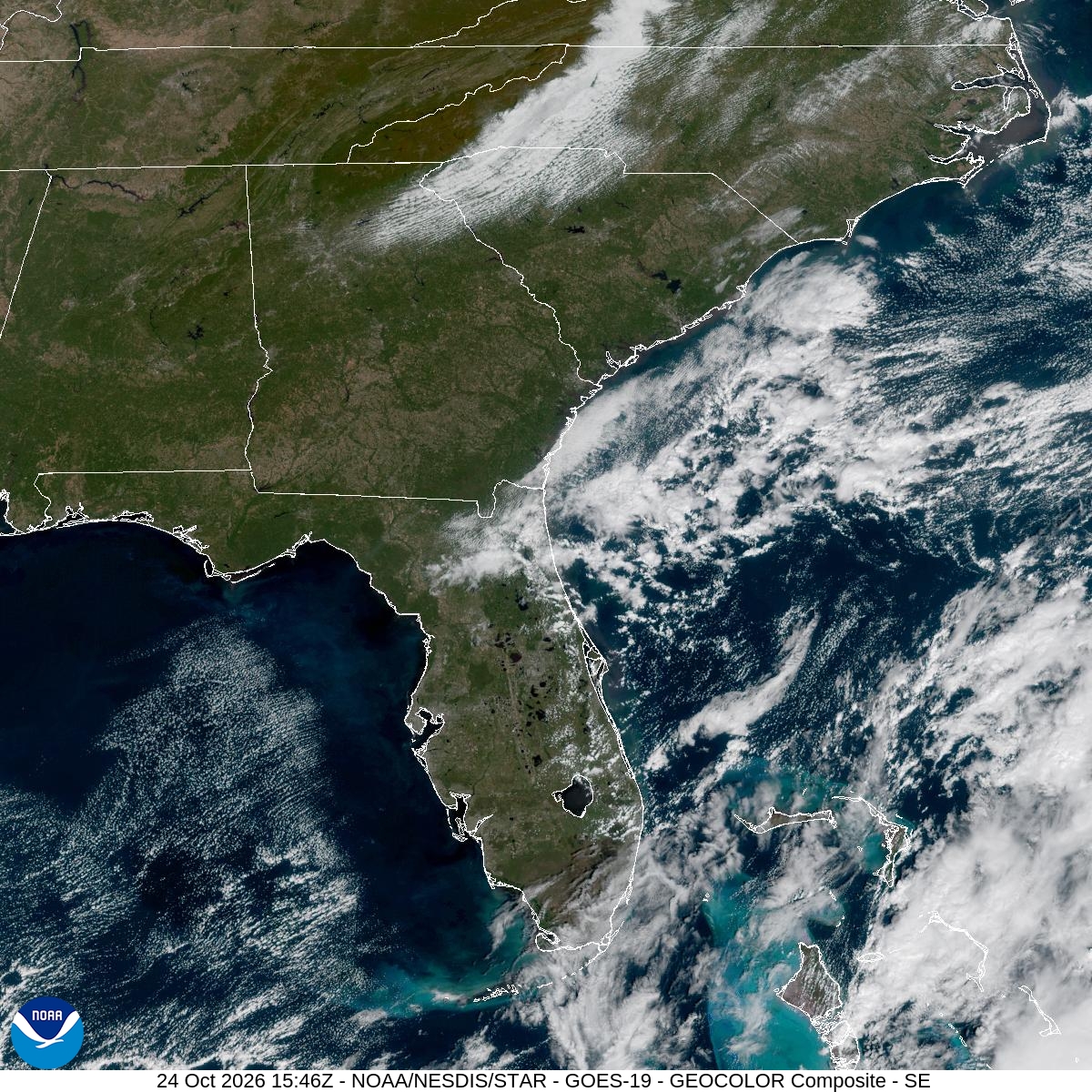 Southeast GeoColor satellite at Oct 24, 2026 · 11:46 AM EDT; open full-size image for map and legend