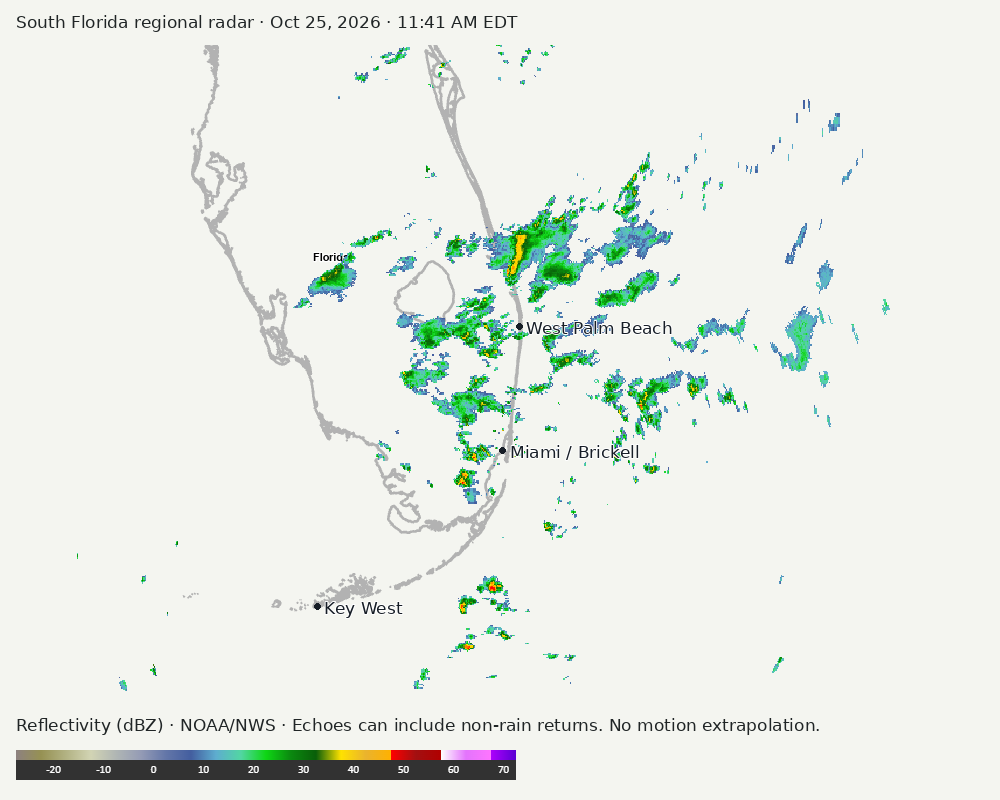 Regional South Florida radar at Oct 25, 2026 · 11:41 AM EDT; open full-size image for map and legend