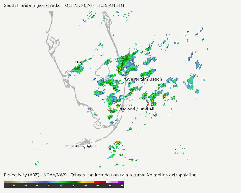 Regional South Florida radar at Oct 25, 2026 · 11:55 AM EDT; open full-size image for map and legend