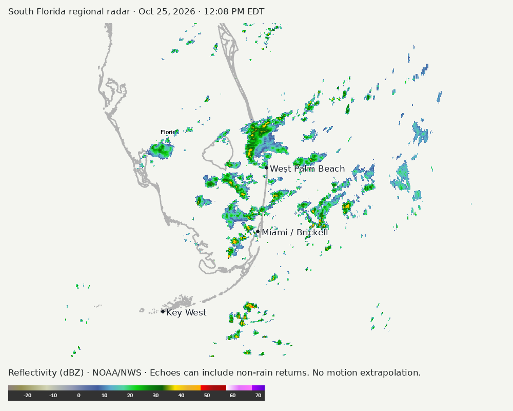Regional South Florida radar at Oct 25, 2026 · 12:08 PM EDT; open full-size image for map and legend