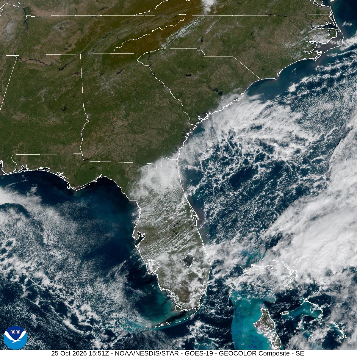 Southeast GeoColor satellite at Oct 25, 2026 · 11:51 AM EDT; open full-size image for map and legend