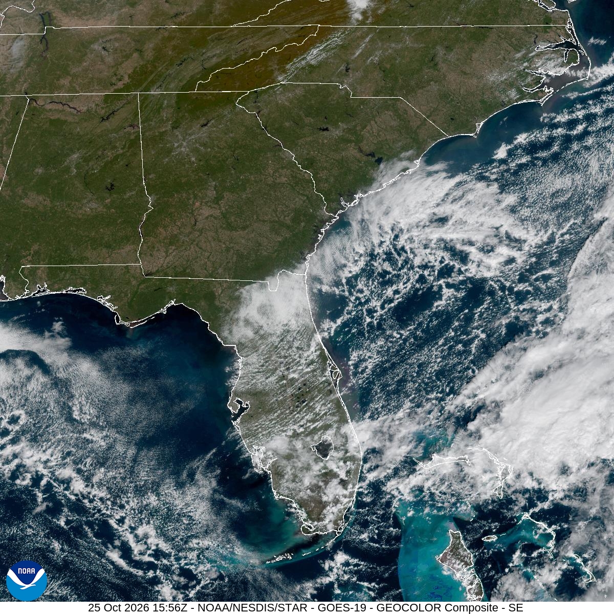 Southeast GeoColor satellite at Oct 25, 2026 · 11:56 AM EDT; open full-size image for map and legend